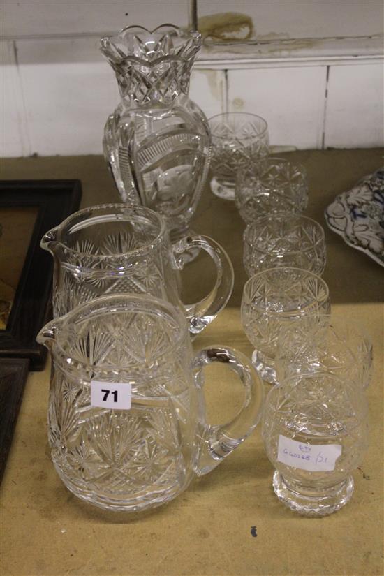 Six cut glass tumblers, 2 water jugs & other glassware
